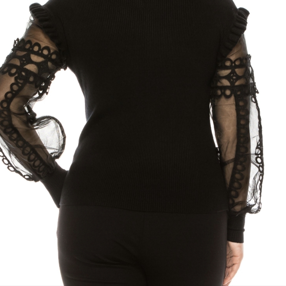 White Birch Lace adorned Mesh Sleeve Knit Top Black Shirt Size XL NWT MSRP $54.9 - Picture 2 of 8
